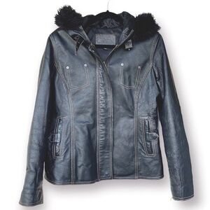 JESSICA Leather Hooded Aviator Jacket Size M